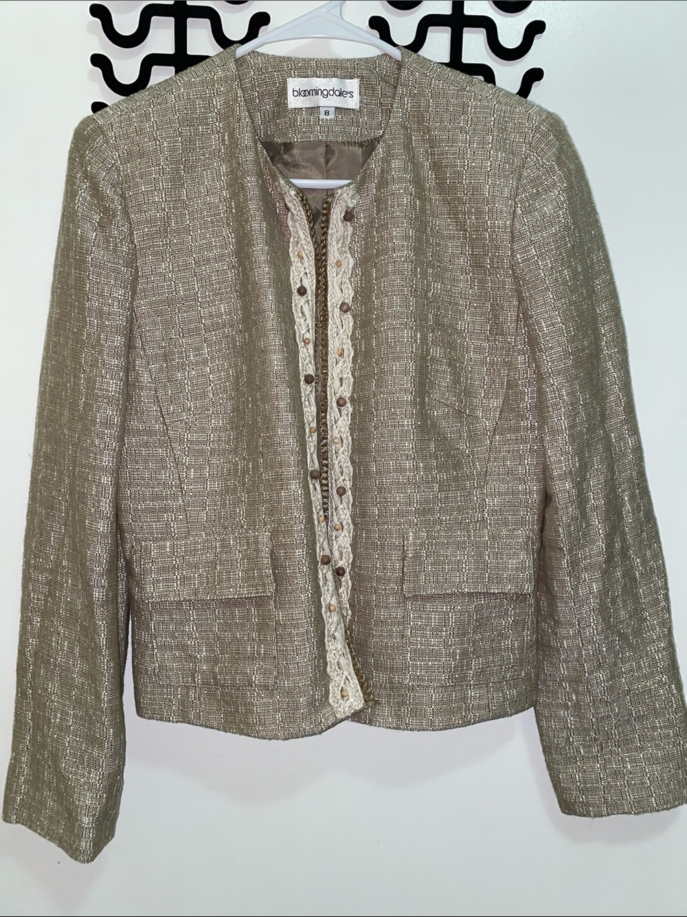 Bloomingdale's Beige Tweed Collarless Blazer with Crochet Trim